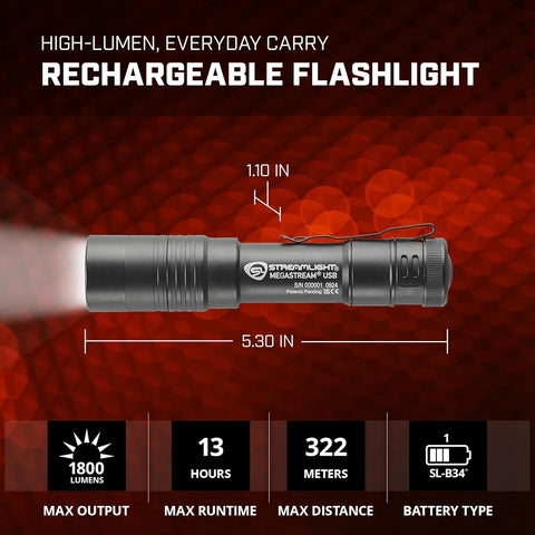 Streamlight 66210 MegaStream USB 1800-Lumen 26000-Candela Rechargeable EDC Flashlight Includes Rechargeable Battery, USB-C Cable, and Holster, Black
