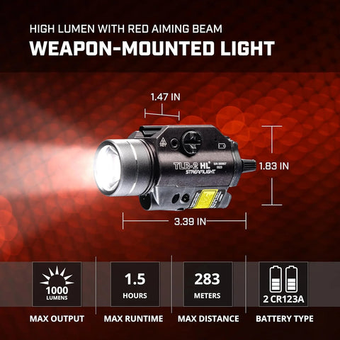 Streamlight 69261 TLR-2 HL 1,000-Lumen 20,000-Candela LED Weapon Light with Red Laser, CR123A Powered and Rail Clamp Mount, Black
