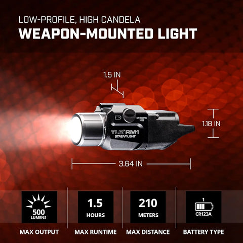 Streamlight 69441 TLR RM 1 500-Lumen Low-Profile Rail Mounted Tactical Light with Rail Locating Keys and CR123A Battery, Black