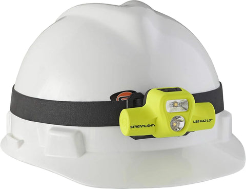 Streamlight 61460 USB HAZ-LO 250-Lumen Intrinsically Safe Headlamp with 120V AC Charging System, Elastic Head Strap, Rubber Hard Hat Strap, and 3M Dual Lock Fasteners, Yellow