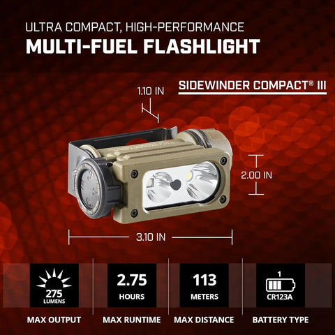 Streamlight 14519 Sidewinder Compact III 275-Lumen 3200-Candela User Configurable Model Hands-Free Angle Head Flashlight with E-Mount and White, Blue, Green, Red LEDs, and IR, Coyote
