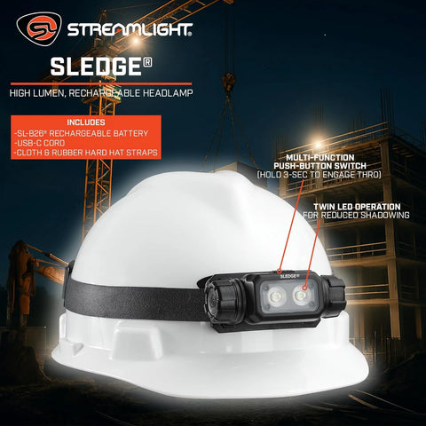 Streamlight 89019 Sledge 1000-Lumen Max 600-Lumen Standard 1800-Candela Rechargeable Low-Profile LED Headlamp with Elastic and Rubber Hard Hat Straps, Black