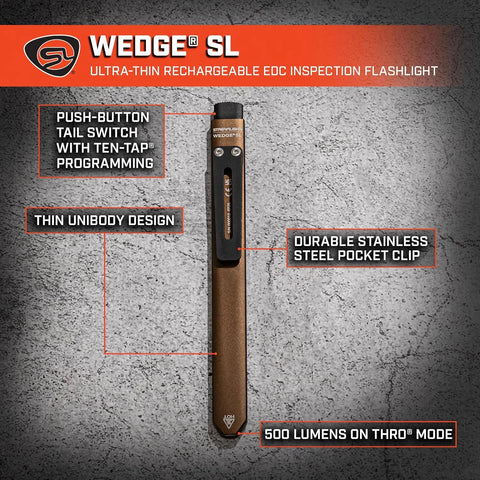 Streamlight 88841 Wedge SL 500-Lumen Max 100-Lumen Standard 1,600-Candela Ultra-Thin Rechargeable EDC Inspection LED Flashlight, Coyote