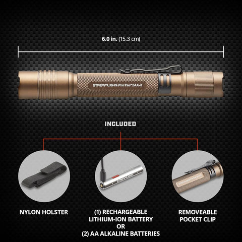 Streamlight 88072 ProTac 2AA-X 270-Lumen 5,000-Candela Personal Carry Tactical Flashlight, Rechargeable Capable, Coyote