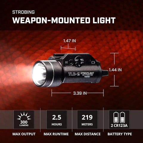 Streamlight 69210 TLR‑1s 300-Lumen 12,000-Candela Rail‑Mounted Weapon Flashlight with Strobe Function & Rail Locating Keys, Black