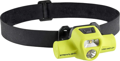 Streamlight 61460 USB HAZ-LO 250-Lumen Intrinsically Safe Headlamp with 120V AC Charging System, Elastic Head Strap, Rubber Hard Hat Strap, and 3M Dual Lock Fasteners, Yellow